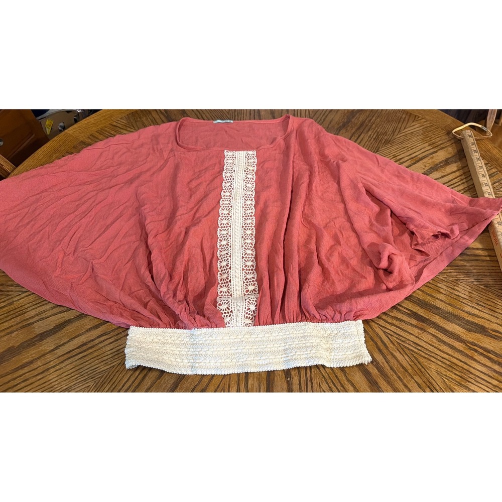 P.S. Kate Womens Coral Pink Crochet Lace Smocked Waist Peasant Top Large B7577K